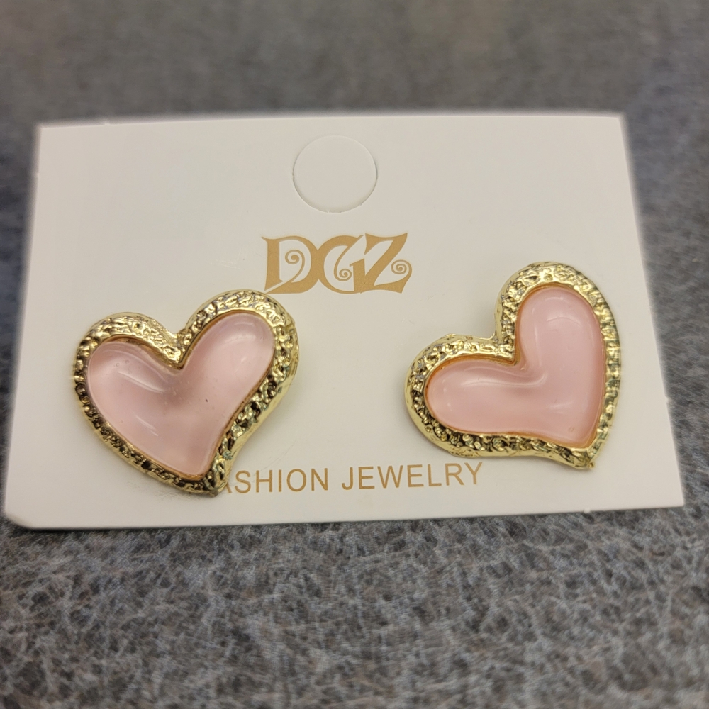 Fashion Jewelry Gold and Pink Heart Earrings